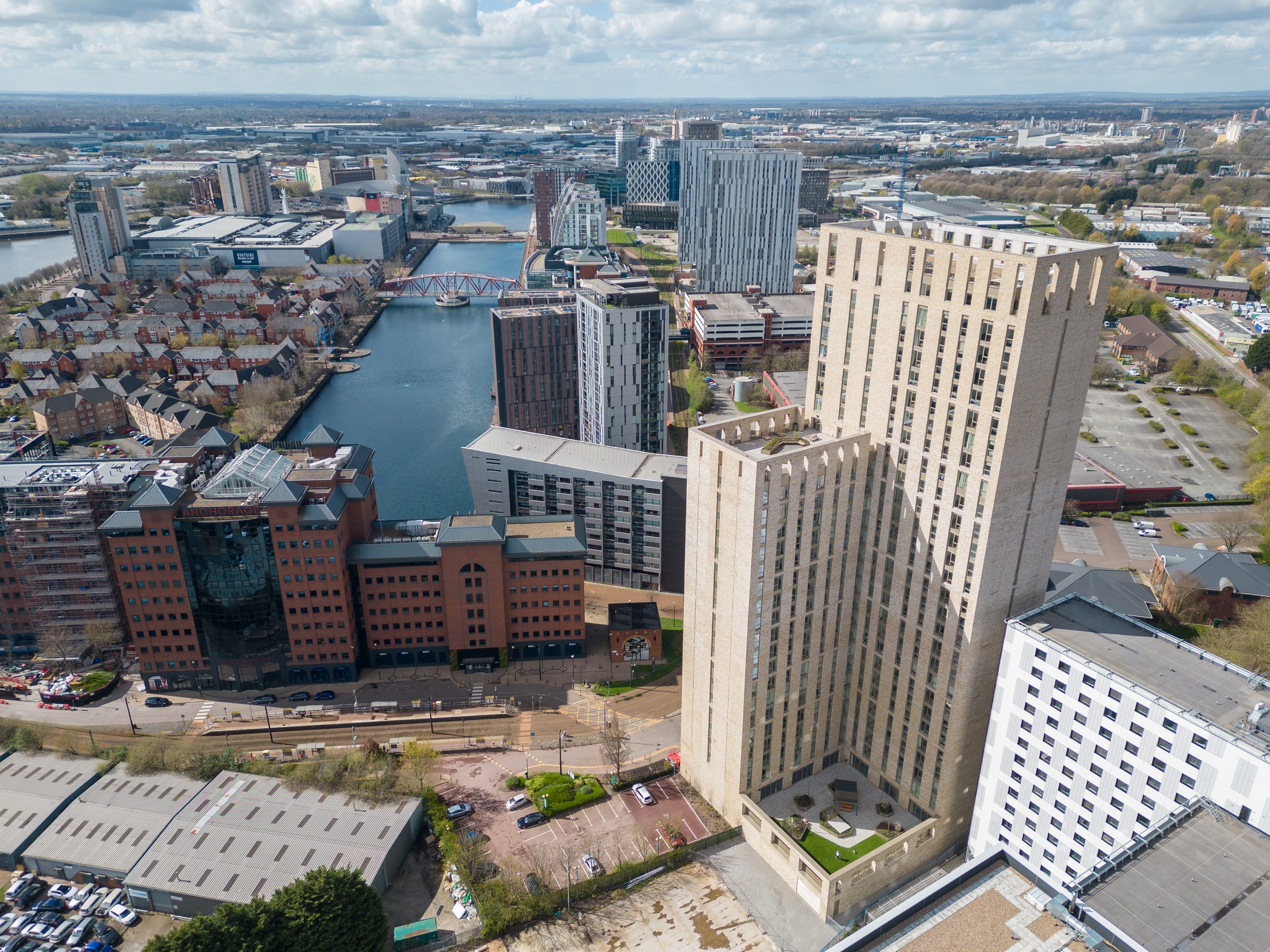 Aerial view of Eda Salford Quays and the surrounding waterfront