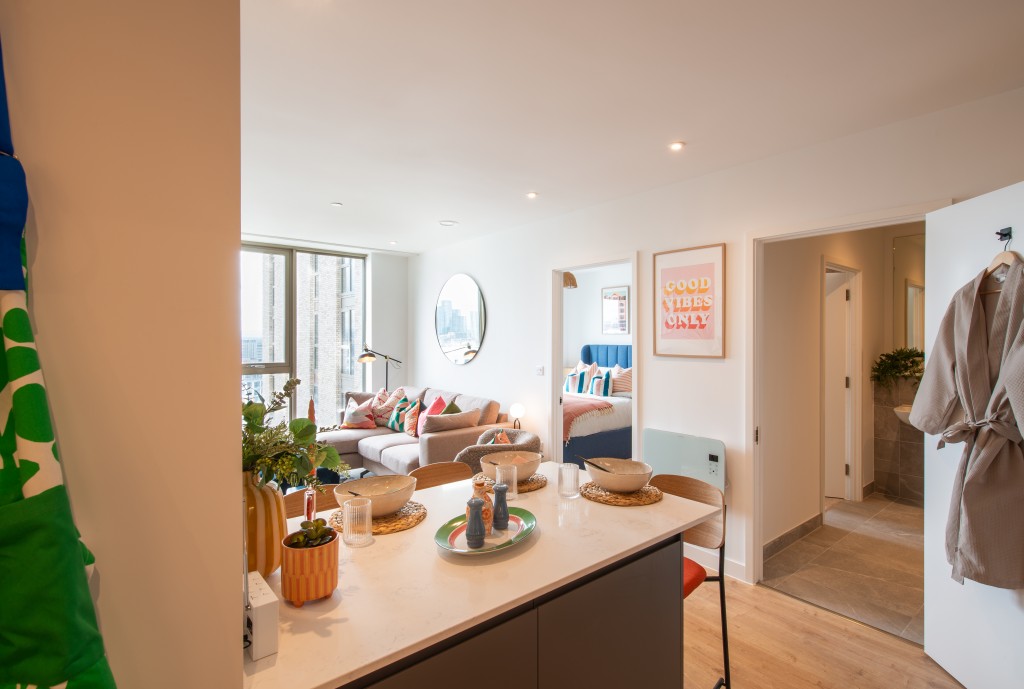 Two bedroom apartment living area at Eda Salford Quays
